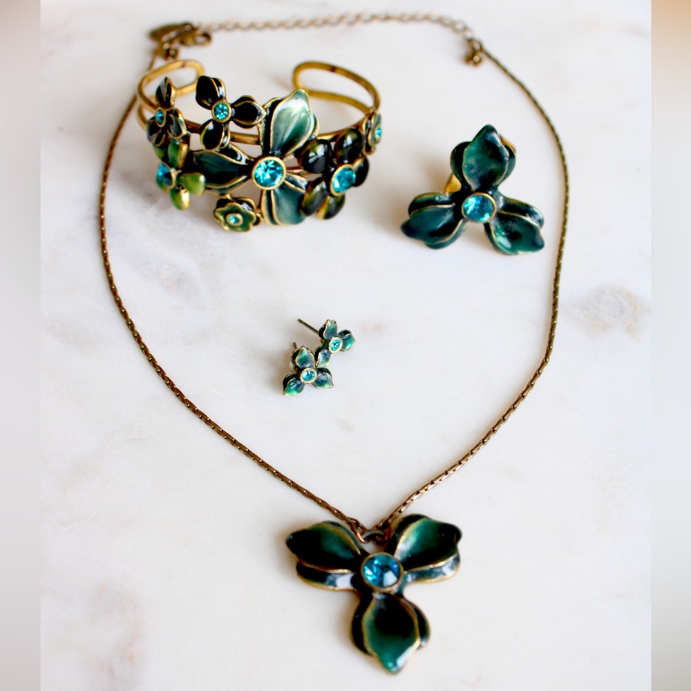 Pilgrim Turquoise open flower necklace, bracelet, earrings and ring